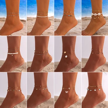 Новый женский винтажный браслет золотисто-серебристого цвета Для женщин, многослойный регулируемый браслет на ногу, пляжные украшения для ног