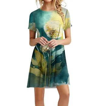 Элегантное женское платье 2023, Летнее платье с цветочным принтом, свободное платье с круглым вырезом и короткими рукавами, Высококачественные летние повседневные платья с принтом