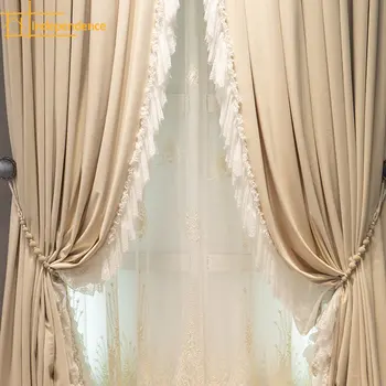 Легкие роскошные романтические кружевные шторы из плотной бархатной ткани цвета чая с молоком для гостиной, столовой, спальни
