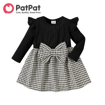 Платье PatPat с оборками для маленьких девочек, платье из твидового трикотажа с бантом спереди