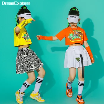 Укороченный топ для девочек в стиле хип-хоп, перчатки, детская мини-юбка в полоску, Летняя крутая футболка с принтом, комплекты одежды для уличных танцев, джазовые детские костюмы для подростков