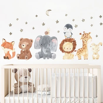 Наклейка на стену с мультяшным слоном, Звездой и Луной, Атмосфера детской комнаты, декор, животное, Жираф, Самоклеящиеся обои, наклейки на стены комнаты