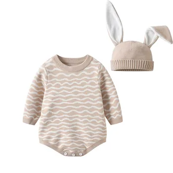 Милая одежда для маленьких девочек, комбинезон в полоску с длинным рукавом и кроличьей шапкой, хлопчатобумажный комбинезон для новорожденных, одежда для новорожденных, цельные комбинезоны