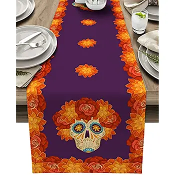 Цветы на Хэллоуин, льняные скатерти с черепами, украшения для праздничной вечеринки, моющиеся скатерти для обеденного стола, шарфы для комода, декор стола