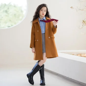 Шерстяная куртка для девочек-подростков средней длины карамельного цвета, повседневное модное детское пальто, осень-зима, детская верхняя одежда в стиле колледжа