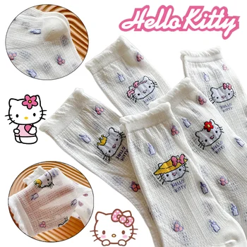 Ажурные носки Hello Kitty с мультяшными женскими носками средней длины Летние классные носки с милым принтом Модные Женские дышащие Тонкие носки