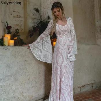 Кружевное свадебное платье в стиле хиппи с длинными расклешенными рукавами 2024 Богемные свадебные платья с пуговицами на спине Robe De Mariee Vestido Novia