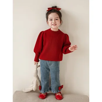 Зимние джинсы для маленьких девочек в корейском стиле, синие штаны с завязками и красным бантом, украшенные боковыми карманами, Детские брюки Верхняя одежда