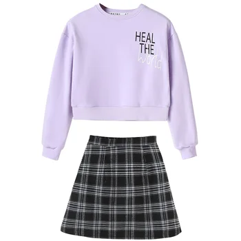 2023 Осенние детские свитера для девочек maidenly JK, футболка для колледжа + Облегающие мини-клетчатые плиссированные юбки в стиле Хип-хоп, детская одежда от 7 до 12 лет