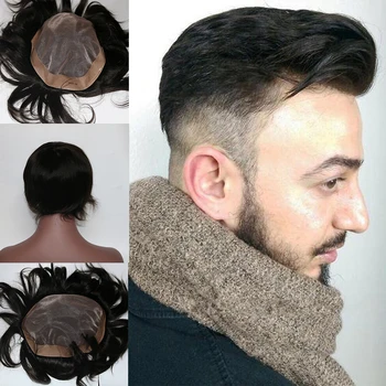 Мужской парик на моношнуровой основе NPU вокруг человеческих шиньонов Для мужчин, черный Протез для замены прямых волос