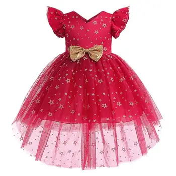 Летняя детская одежда Красивые Корейские платья для маленьких девочек Праздничный костюм принцессы со звездами Vestidos Наряды с галстуком-бабочкой Одежда