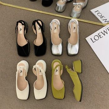 Женские французские туфли на толстом квадратном каблуке на среднем каблуке, весенне-осенние тонкие туфли 2023 года, новые сандалии Mary Jane Shoes Baotou Half Drag