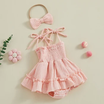 Летнее Платье-комбинезон для маленьких девочек, однотонный комбинезон без рукавов с регулируемым плечевым ремнем и повязкой на голову