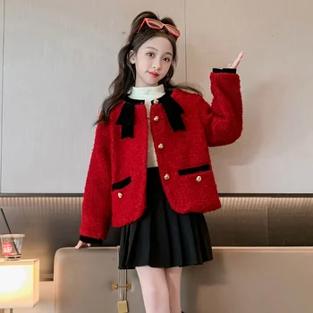Модные детские осенне-зимние короткие куртки для девочек красного цвета с длинными рукавами, повседневные темпераментные пальто, верхняя одежда из плотного твида, топы