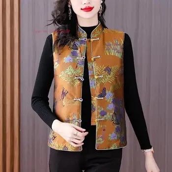 винтажные топы hanfu 2024 года, китайский традиционный этнический атласный жилет, жаккардовая куртка без рукавов с национальным цветочным узором, костюм восточного стиля