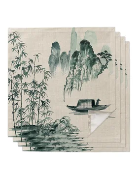 Китайская живопись Пейзаж Бамбуковая лодка Салфетки для стола Носовой платок Свадебный банкет Скатерть для украшения званого ужина
