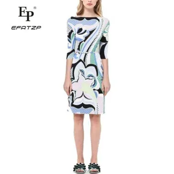 EFATZP Новое осеннее модное дизайнерское платье с рукавами 3/4, Многоцветный эластичный трикотаж с геометрическим принтом, Тонкое шелковое дневное платье