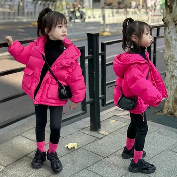 Пуховое хлопковое пальто для маленьких девочек, детские толстовки на молнии, теплые куртки для девочек, розово-красная верхняя одежда, зимние парки для девочек 1-9