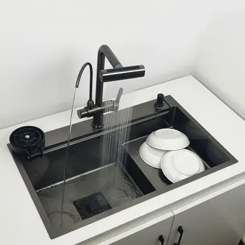 Высокая и низкая кухонная раковина водопадный кран Nano 304 из нержавеющей стали Темно-серого цвета с верхним креплением, умывальник с одной чашей и шайбой для мытья чашек
