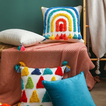 Марокко, Радужная Разноцветная наволочка с вышивкой, наволочка, повседневный хлопковый чехол, Декор для спальни, диван С кисточкой