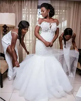 Свадебные платья с рукавами-русалочками, вышивка, аппликация из бисера, свадебные платья из многоуровневого тюля в Африканском стиле