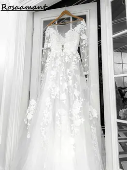 Иллюзия реального изображения, свадебные платья трапециевидной формы с длинными рукавами, кружевные свадебные платья с цветочными аппликациями, Robe De Mariée
