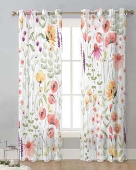 Акварельные цветочные деревенские винтажные прозрачные занавески для окна гостиной из прозрачной вуали и тюля Шторы для домашнего декора