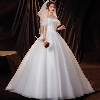 Длинное свадебное платье Sweet Memory Princess Illusion с круглым вырезом и короткой спинкой, Тюлевое кружевное платье с блестками и жемчугом, Белое свадебное платье для новобрачных