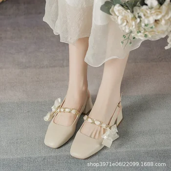 2023 Женская обувь с плиссированным ремешком, босоножки с открытой спиной, босоножки Mary на высоком каблуке, модные босоножки с простым носком, модный ремешок с пряжкой в простом стиле