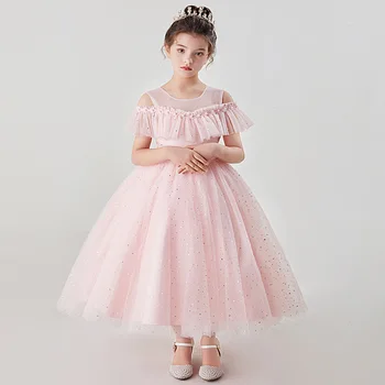 2023 Новое сетчатое платье для девочек Платье принцессы с цветочным узором для вечеринки, выступление на фортепиано, платье для вечеринки на день рождения