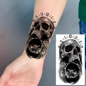 Временные татуировки с черепом Темного компаса для мужчин и женщин, реалистичные наклейки с поддельными татуировками на Хэллоуин, 3D праздничные моющиеся татуировки
