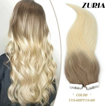 Мини-лента из человеческих волос ZURIA для наращивания волос 12-24 дюйма, не Реми, бесшовная блондинка, подчеркнутая Шелковистая Прямая прическа для женщин