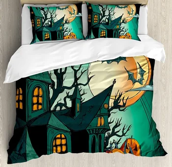 Комплект постельного белья на Хэллоуин для спальни, дома с привидениями, в средневековом мультяшном стиле, летучие мыши в сумерках, пододеяльник, пододеяльник, наволочка