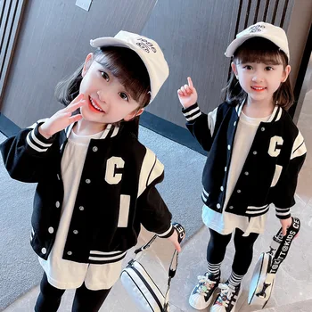Детские бейсбольные куртки для мальчиков и девочек, детская верхняя одежда с буквенным рисунком, пуговицы с длинными рукавами спереди, весенне-осенняя детская одежда