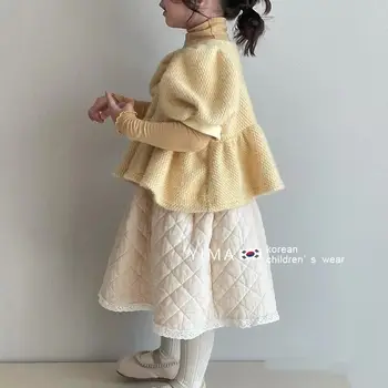 Детские комплекты одежды Для девочек Новый Осенний стиль Модный Край Листа Лотоса в Корейском стиле С круглым воротником Soild Sweet