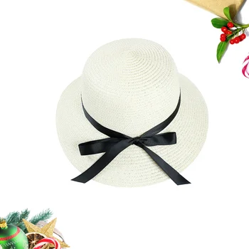 Женская шляпа от солнца с соломенным бантом, простая прочная солнцезащитная кепка с бантом для пляжных путешествий на открытом воздухе (белая)
