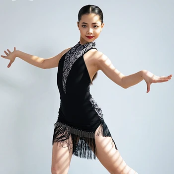 Летнее платье для латиноамериканских танцев, одежда для тренировок без рукавов для девочек, танцевальный костюм для Ча-Ча-ча, детское латиноамериканское платье с бахромой DNV17597