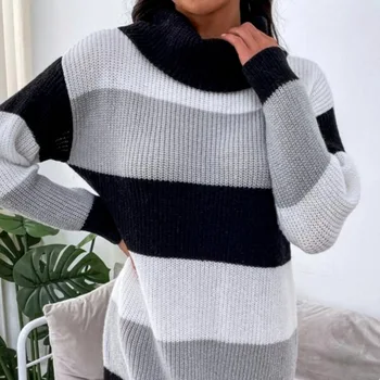 Платье-свитер в полоску 2023, Новый пуловер с высоким воротом свободного кроя