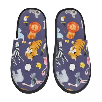 Пушистые тапочки Животные Сафари, красочные плюшевые тапочки с открытым носком из пеноматериала, зимняя домашняя обувь