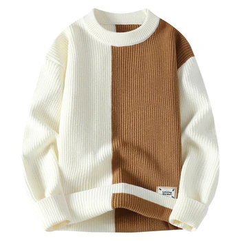 Новый мужской осенне-зимний свитер с круглым вырезом, высококачественный трикотаж, Молодежный Свободный повседневный топ, Модная мужская одежда с цветными блоками