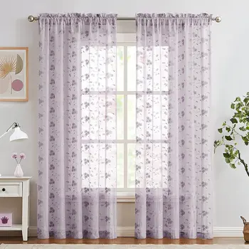 Вуалевые шторы для спальни с карманом для штанги Фиолетовые Винтажные Сиреневые прозрачные шторы с цветочной вышивкой для гостиной