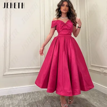 Модные вечерние платья JEHETH с открытыми плечами, V-образным вырезом и бантом, розово-красное платье для выпускного вечера, атласное трапециевидное платье длиной до щиколоток.