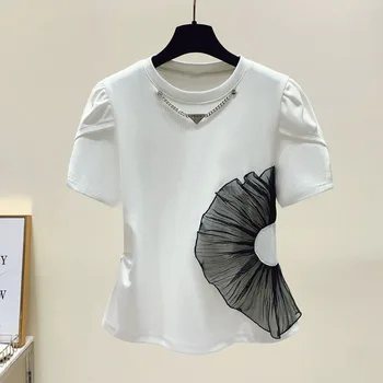 Летняя Женская футболка с коротким рукавом-цепочкой, 2023, Новая Корейская плиссированная футболка с разрезом в корейском стиле