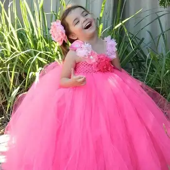 Горячее платье-пачка с розовым цветком для девочек, детское вязаное крючком тюлевое платье, длинное бальное платье с повязкой на голову, детские платья для костюмов на День рождения