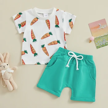 Пасхальный наряд для маленьких мальчиков и девочек, футболка с короткими рукавами и принтом кролика с буквенным принтом, эластичные шорты, комплект летней одежды для малышей