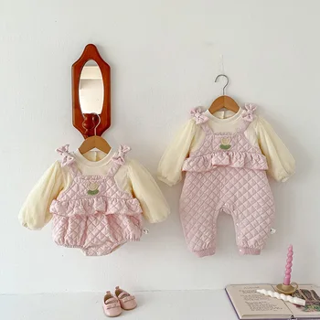 2023 Корейский Зимний комбинезон для маленьких девочек на открытом воздухе, утепляющий комбинезон для маленьких девочек, плюшевое боди для маленьких принцесс, розовый комбинезон, верхняя одежда