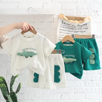 Новые летние комплекты хлопчатобумажной одежды для маленьких девочек и мальчиков, футболки с 3D рисунком крокодила, топ и шорты, 2 шт./компл. одежды