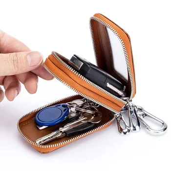 Сумка для ключей от автомобиля, кожаная двойная сумка для ключей на молнии, поясная сумка для мужчин и женщин, кошелек-брелок для ключей