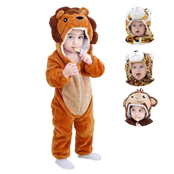 Фланелевый костюм животного для малышей от 0 до 3 лет, теплый боди для новорожденного Льва, детская пижама с капюшоном, милая детская одежда с мультяшным рисунком
