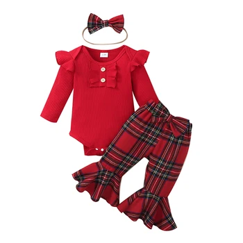 Одежда для новорожденных девочек Комбинезон с длинными рукавами и ребристой оборкой, расклешенные Брюки, повязка на голову, комплект осенне-зимней одежды, 3 шт.